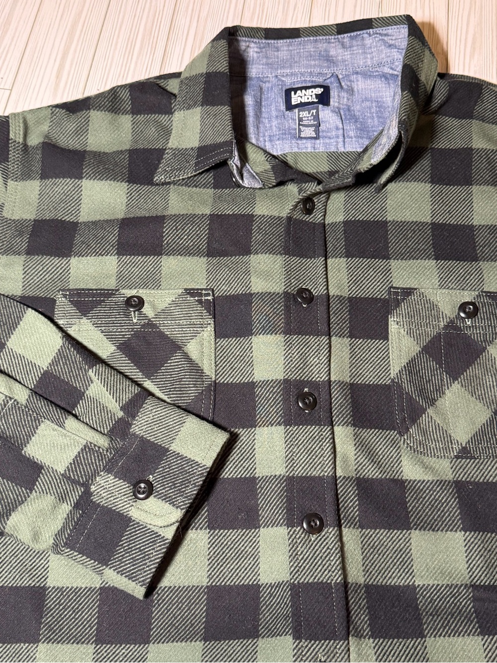 Lands’ End Rugged Workshirt Flannel 2XL Tall Green Black Buffalo Plaid Cotton